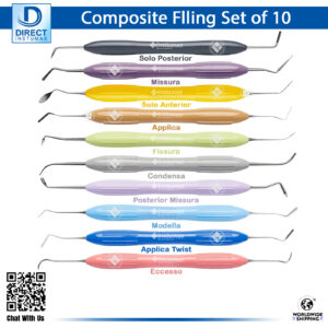 Silicon Handles Filling Composite Instruments Setup with pluggers, spatulas, condensers, burnishers, and scalers.