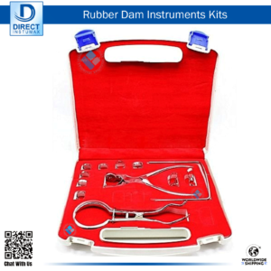 Dental Rubber Dam Endodontic Assorted Box Setup with clamps, frame, Ainsworth punch, and Brewer forceps.