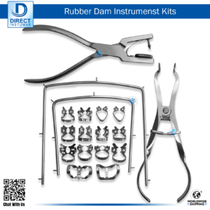 Complete rubber dam instruments setup including clamps, Ainsworth forceps, and a frame for dental procedures, ensuring optimal isolation.
