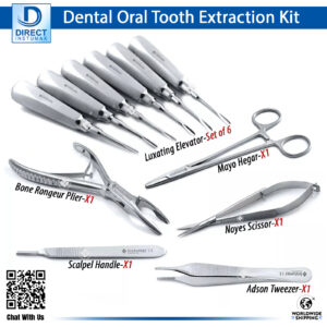Dental Oral Tooth Extraction Instruments Kit including Elevators, Needle Holder, Bone Rongeur, Scissors, Tweezers, and Scalpel