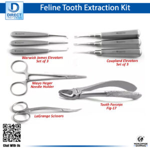Feline Tooth Extraction Instruments Kit including Coupland Elevators, Warwick James, Mayo Hegar, Tooth Forceps Fig 17, and LaGrange Scissors