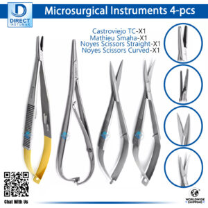 Microsurgical Instruments Kit including Noyes Scissors, Castroviejo Needle Holder, and Mathieu Needle Holder