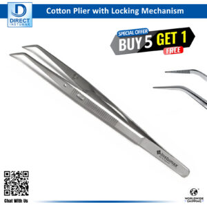 Close-up image of Self Locking Cotton Tweezer with serrated tips for precise surgical and dental handling