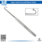 Snook spay hook with one blunt point, flat handle, and curved point displayed on a sterile surface.