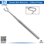 Fomon skin hook retractor with two blunt points displayed on a sterile surface.