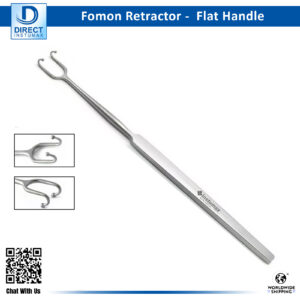 Fomon skin hook retractor with two blunt points displayed on a sterile surface.