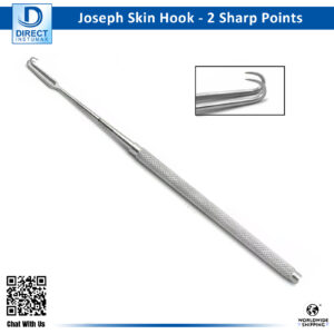 Joseph spay skin hook with two sharp points displayed on a sterile surface.