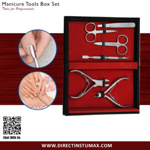 Cuticle care set of 6 tools displayed in a wooden box.