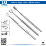 Complete 3-piece set of spay hooks and retractors for ovary removal surgery.