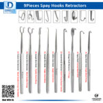 9-piece set of spay hooks and retractors for dog ovary removal surgery.