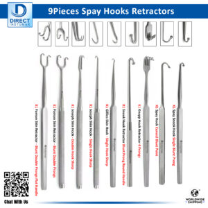 9-piece set of spay hooks and retractors for dog ovary removal surgery.