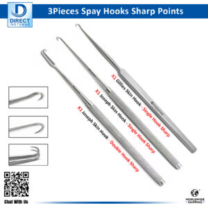 Complete 3-piece set of spay skin hooks with sharp points, including Gillies and Joseph hooks.
