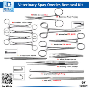 Full set of the Veterinary Spay Ovaries Removal Kit including Spencer scissors, Backhaus towel clamp, Mayo Hegar, and other surgical tools.