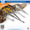 dental veterinary suturing set featuring Castroviejo needle holder, Noyes scissors, scalpel, and Backhaus clamp forceps in stainless steel.